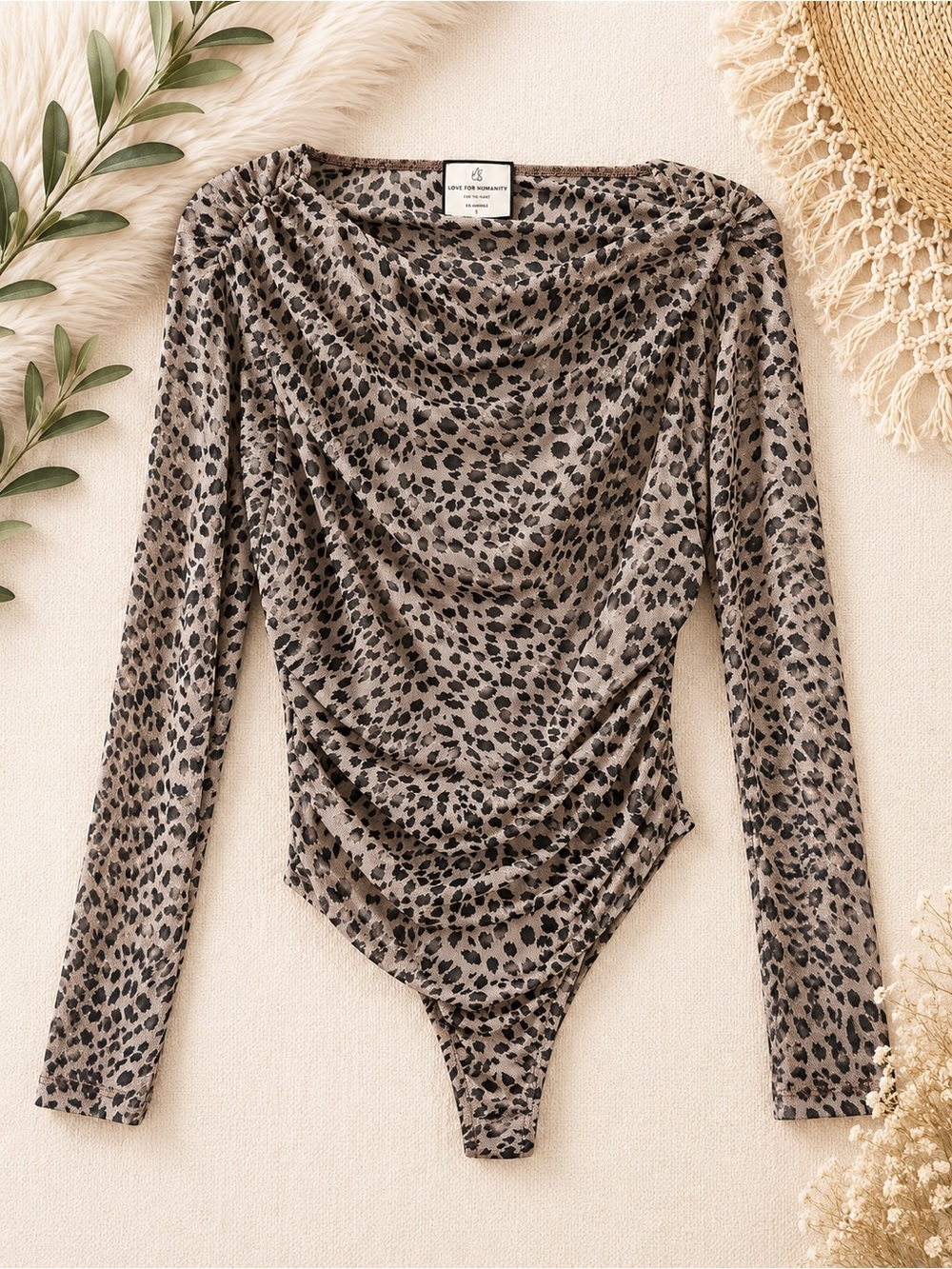 Cowl Neck Leopard Print Long Sleeve Bodysuit - Taupe/Black